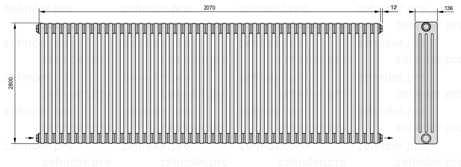 Схема (чертеж) Радиатор Zehnder Charleston 4280/45 №2670 Белый глянцевый RAL 9016